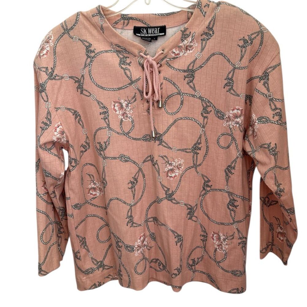 SK WEAR Women's Pink Floral‎ Lace-Up Long Sleeve Blouse Size L